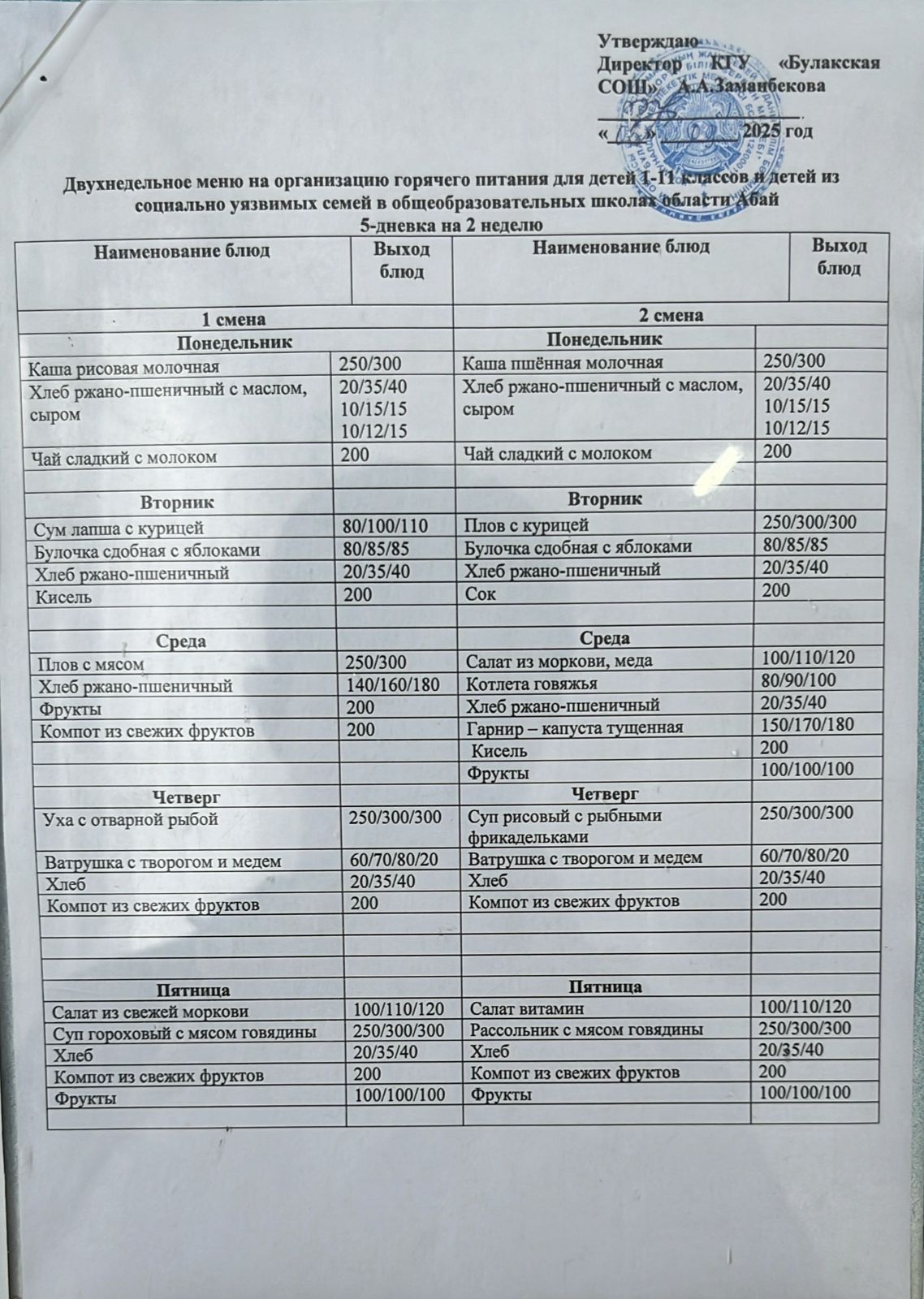 2025-2026 оқу жылының тамақтану мәзірі