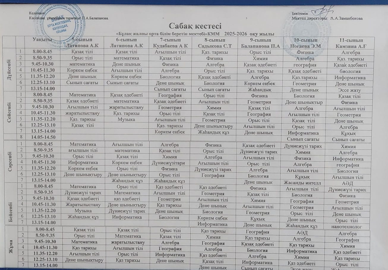 2025-2026 оқу жылының сабақ кестесі