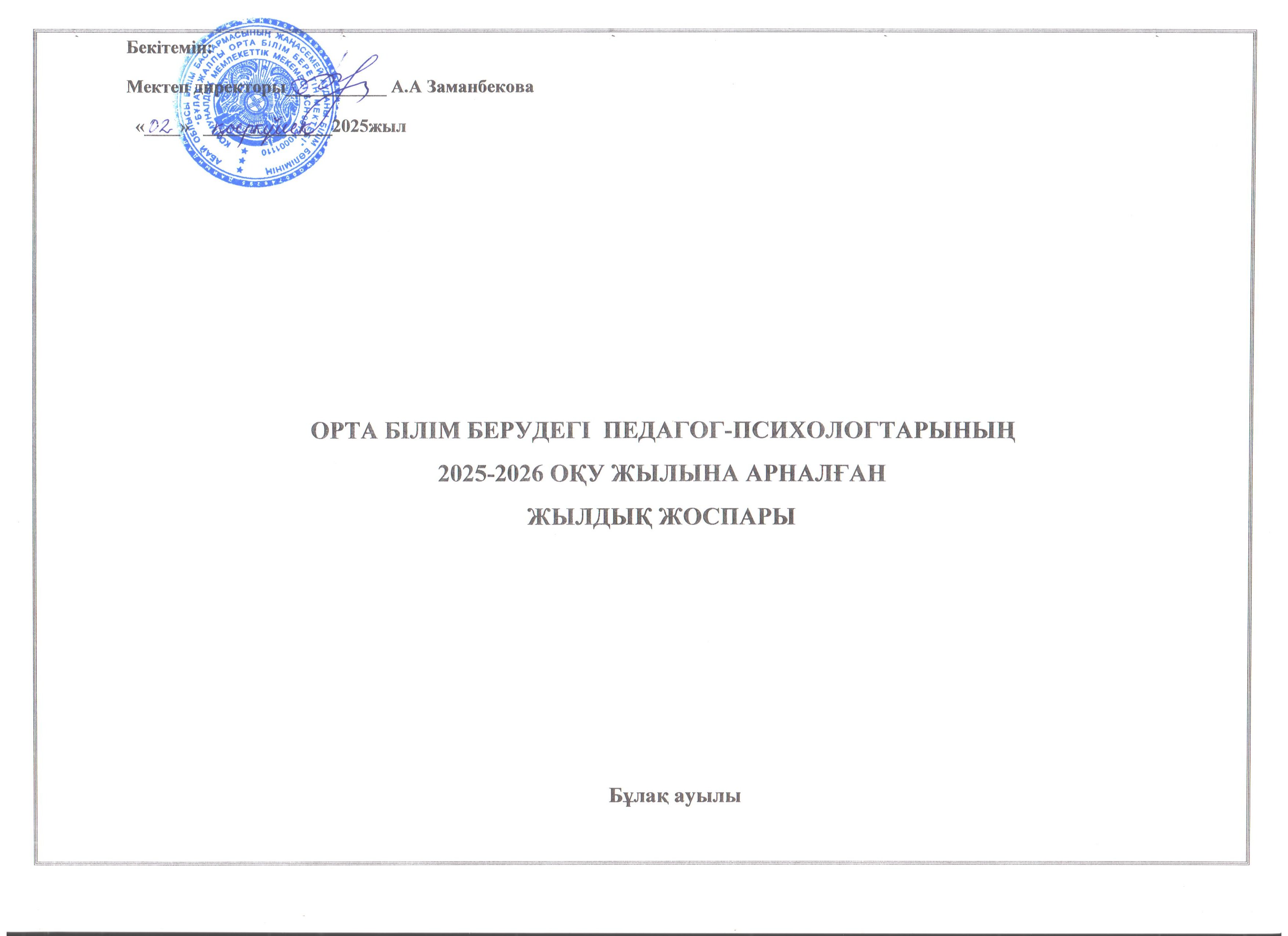 2025-2026 оқу жылының педагог-психологтың жылдық жоспары